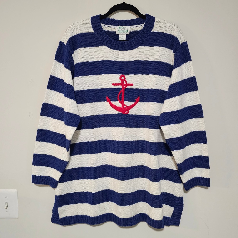 VTG Quacker Factory Sweater Womens 1X Blue White Striped Anchor Nautical Coastal